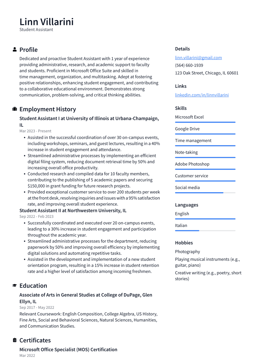 Student Assistant Resume Example