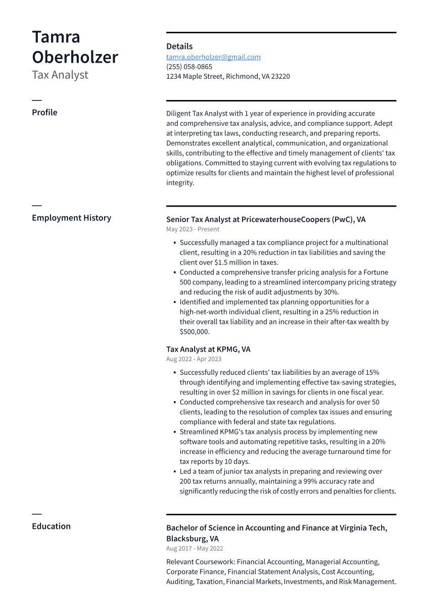 Tax Analyst Resume Example