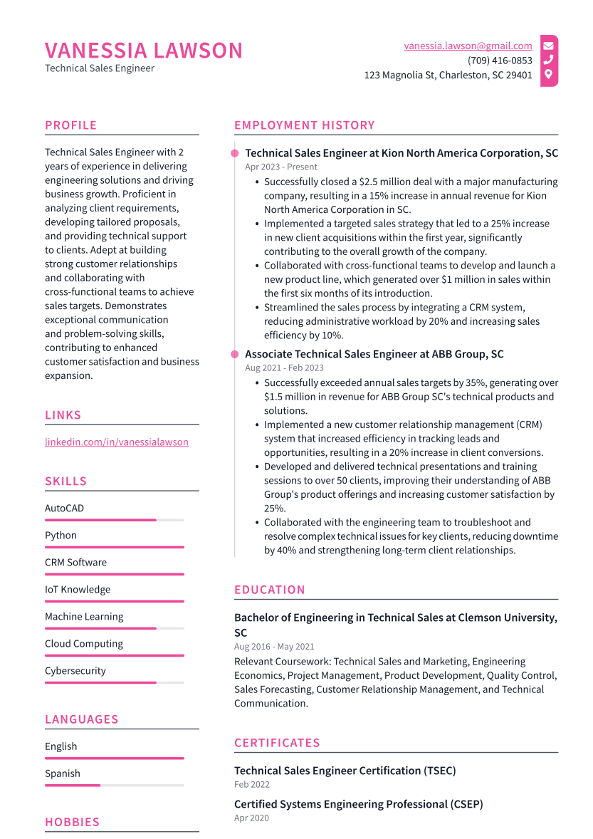 Technical Sales Engineer Resume Example