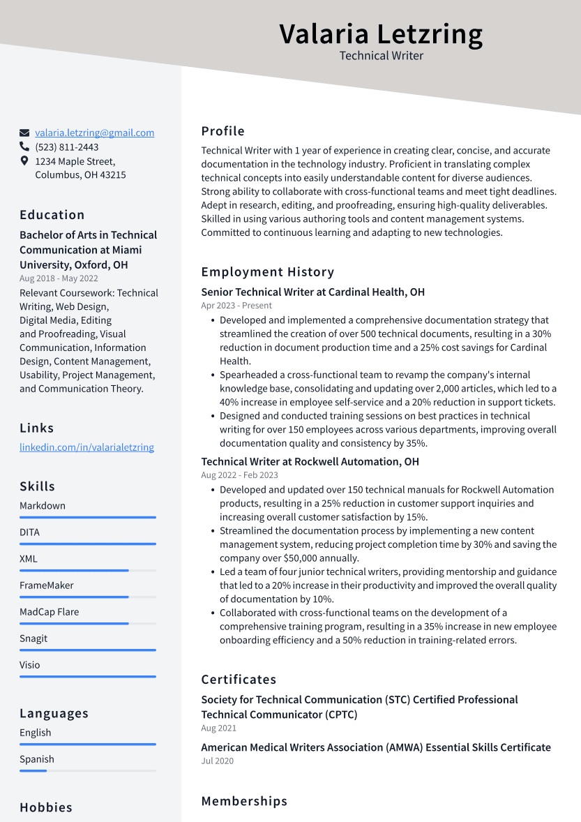 Technical Writer Resume Example