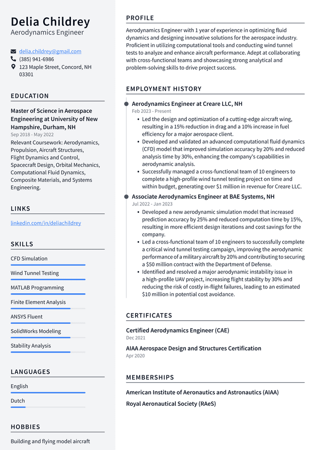 Tesla Aerodynamics Engineer Resume Example