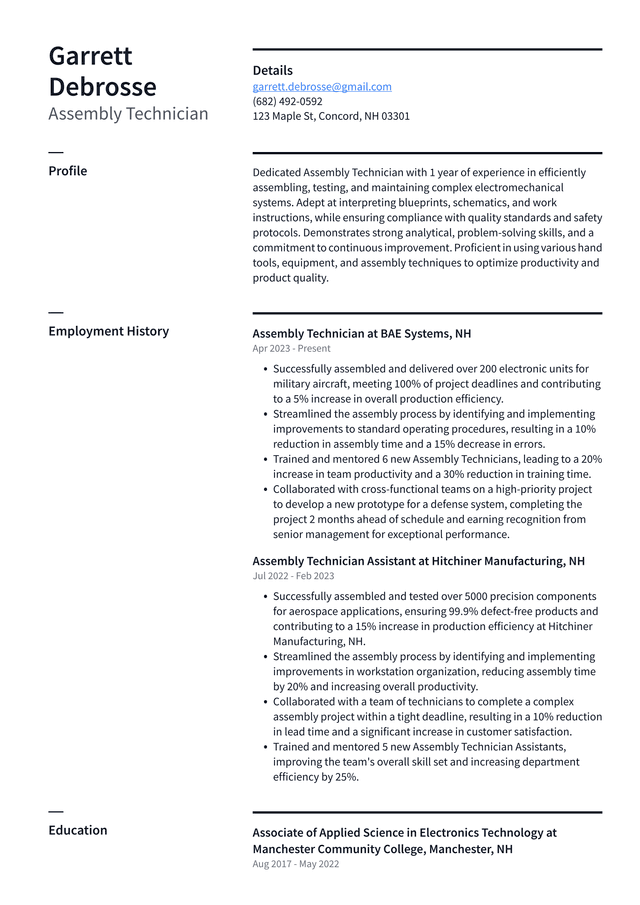 Tesla Assembly Technician Resume Example