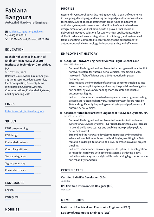 Tesla Autopilot Hardware Engineer Resume Example