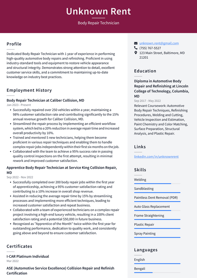 Tesla Body Repair Technician Resume Example