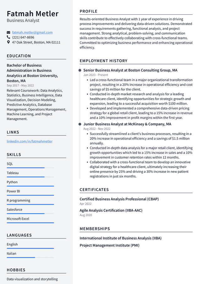 Tesla Business Analyst Resume Example