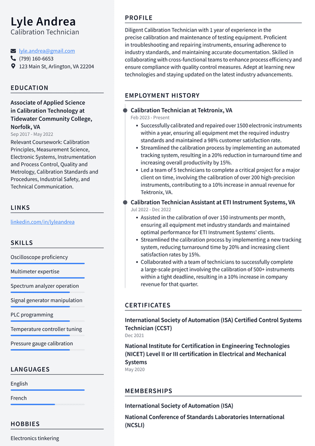 Tesla Calibration Technician Resume Example