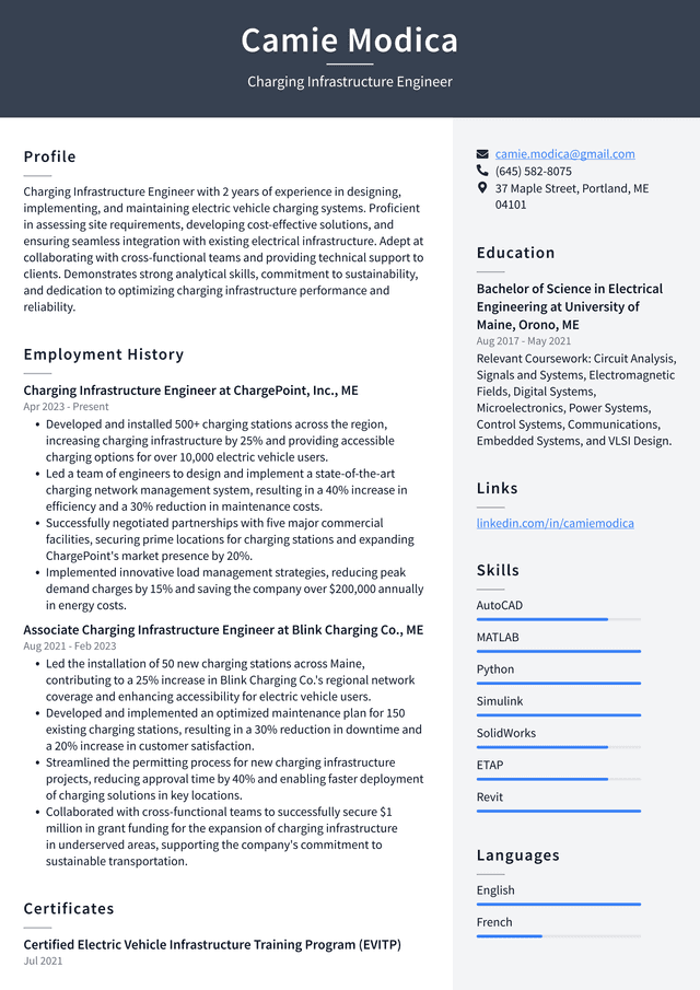 Tesla Charging Infrastructure Engineer Resume Example