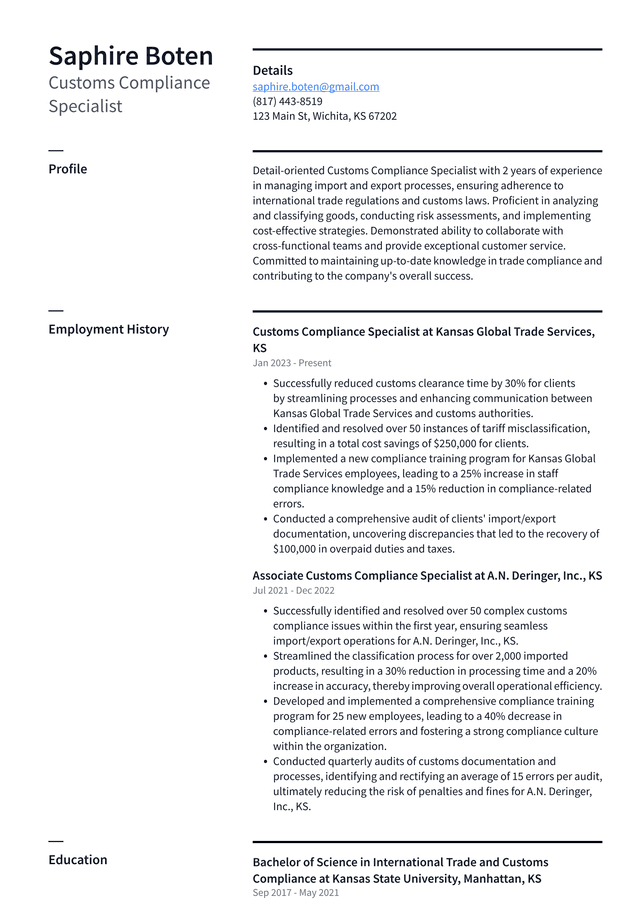 Tesla Customs Compliance Specialist Resume Example