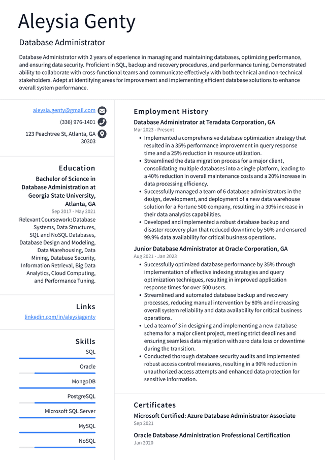 Tesla Database Administrator Resume Example