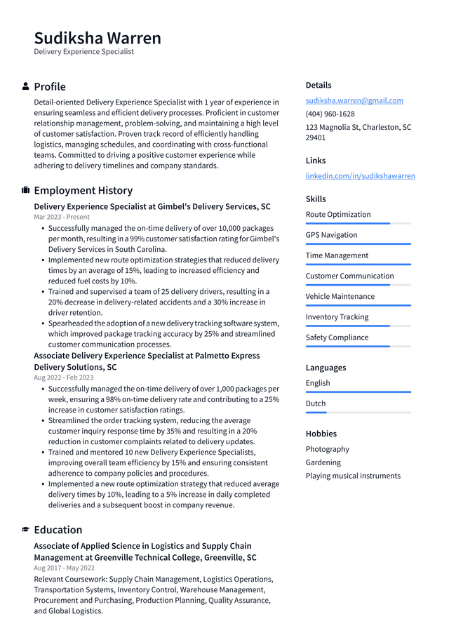 Tesla Delivery Experience Specialist Resume Example