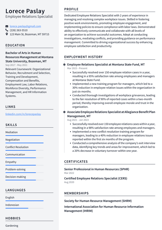 Tesla Employee Relations Specialist Resume Example