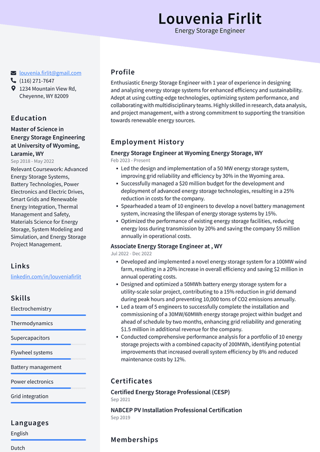 Tesla Energy Storage Engineer Resume Example