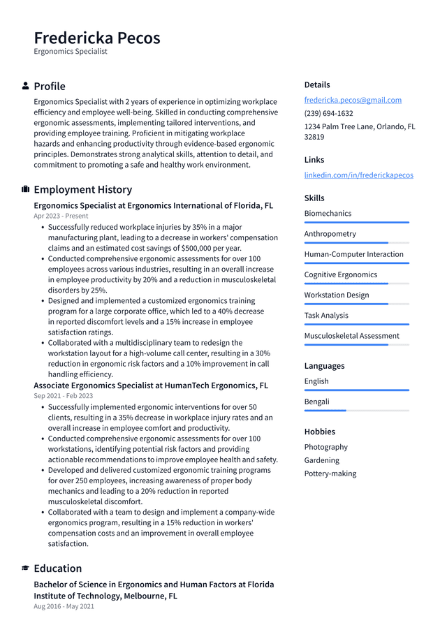 Tesla Ergonomics Specialist Resume Example