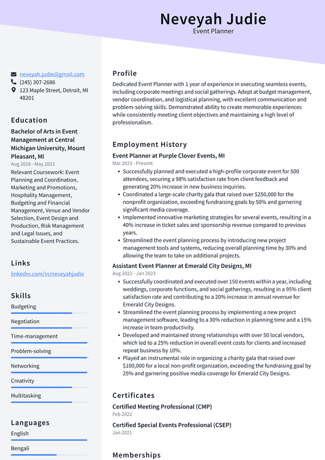 Tesla Event Planner Resume Example