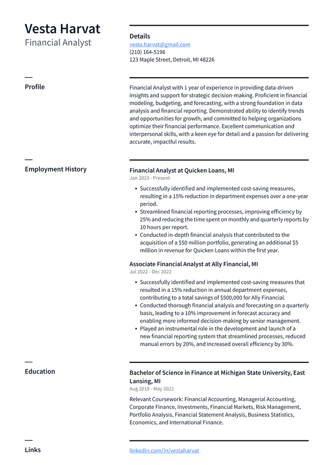 Tesla Financial Analyst Resume Example