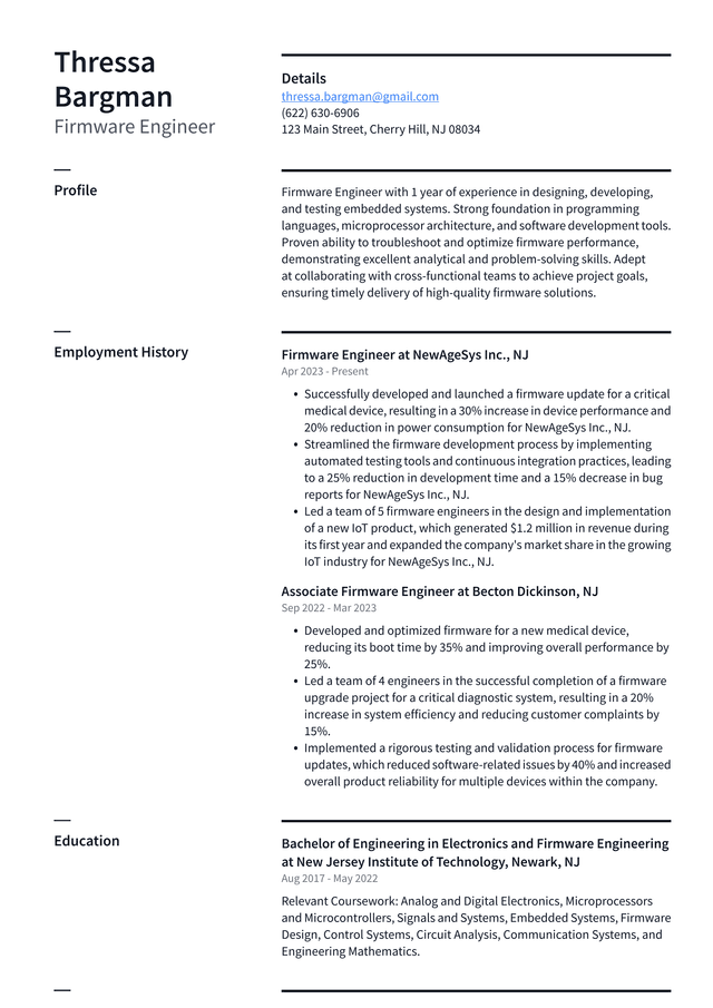 Tesla Firmware Engineer Resume Example