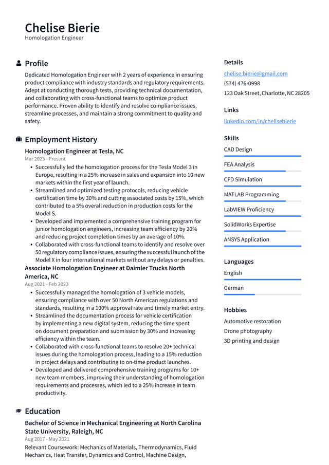 Tesla Homologation Engineer Resume Example