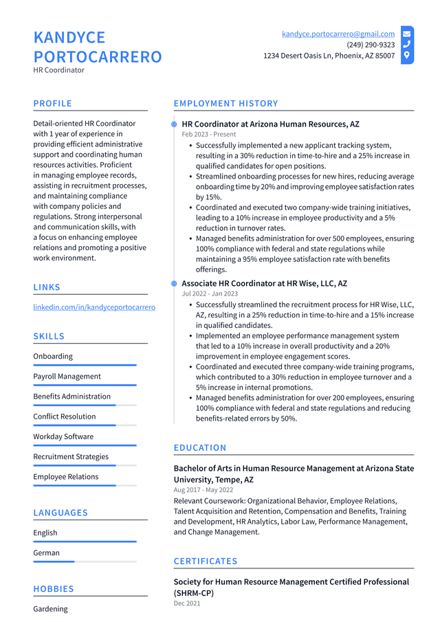 Tesla HR Coordinator Resume Example