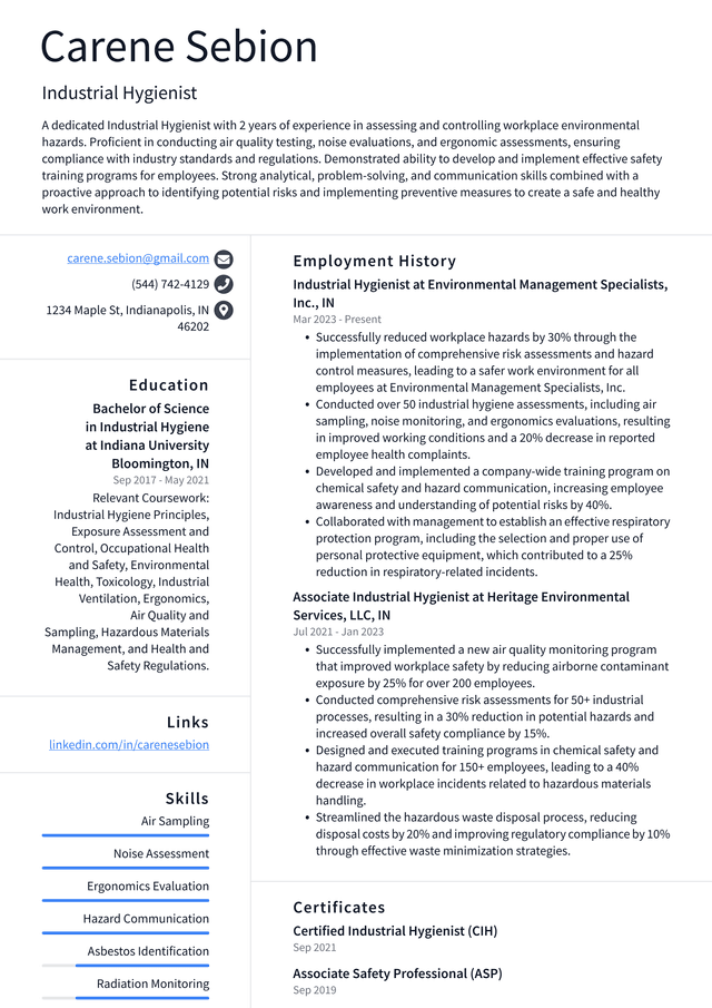 Tesla Industrial Hygienist Resume Example