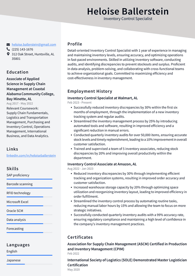 Tesla Inventory Control Specialist Resume Example