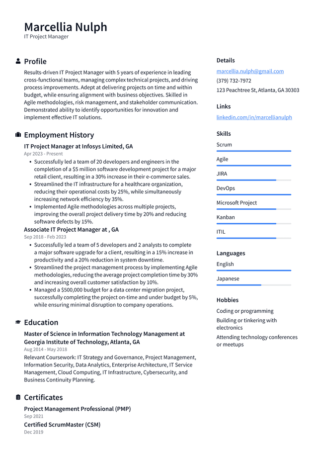 Tesla IT Project Manager Resume Example