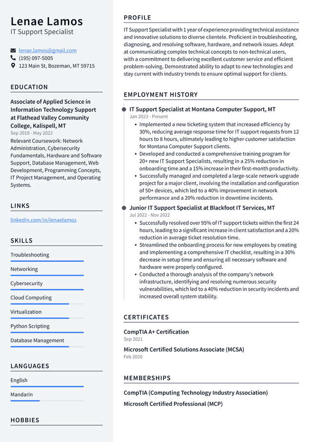 Tesla IT Support Specialist Resume Example