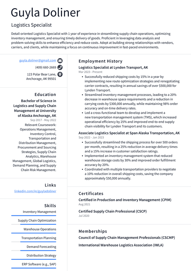 Tesla Logistics Specialist Resume Example