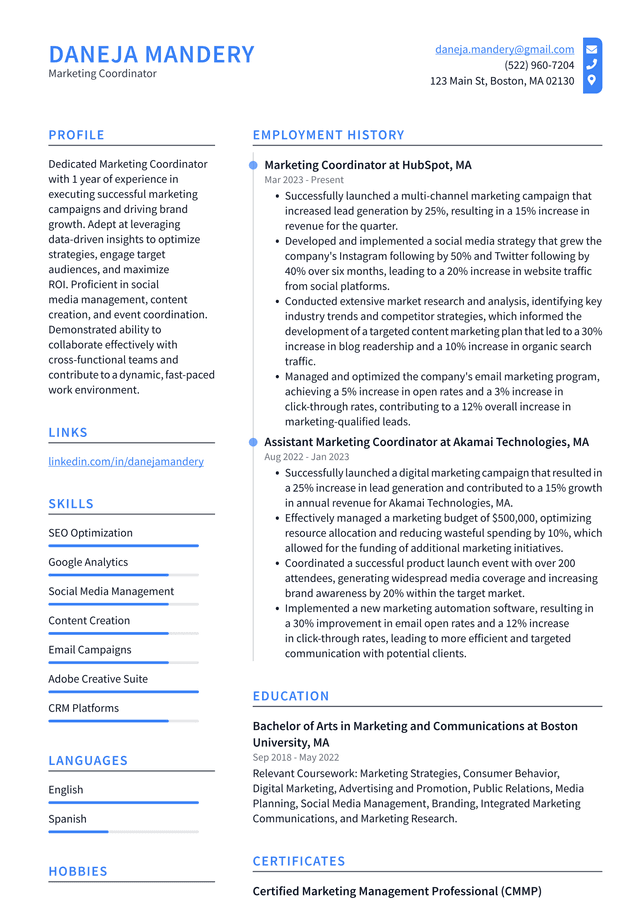 Tesla Marketing Coordinator Resume Example