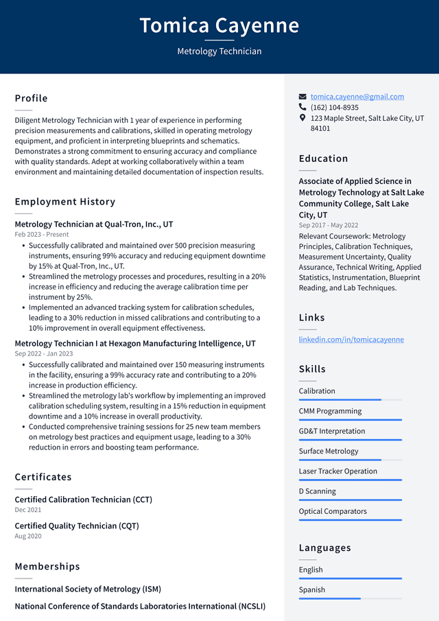 Tesla Metrology Technician Resume Example