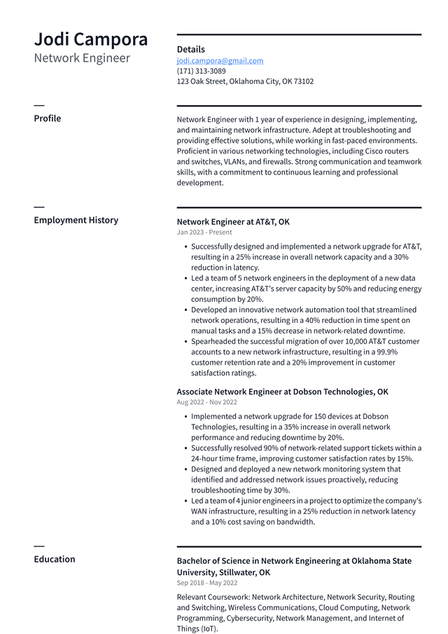 Tesla Network Engineer Resume Example