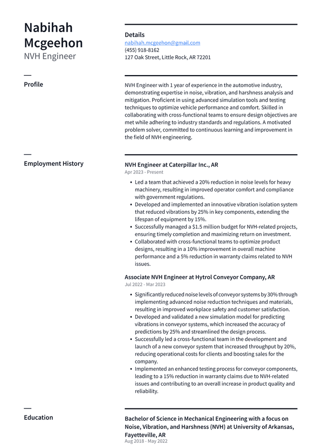 Tesla NVH Engineer Resume Example