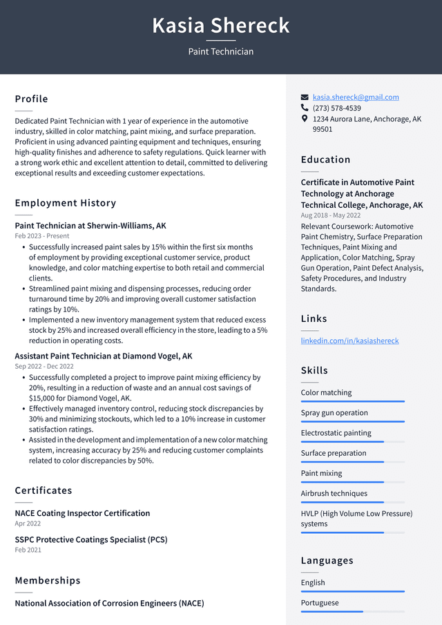 Tesla Paint Technician Resume Example