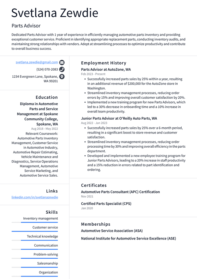 Tesla Parts Advisor Resume Example