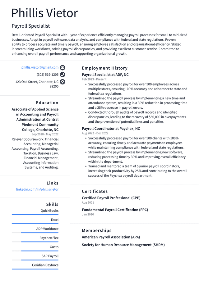 Tesla Payroll Specialist Resume Example