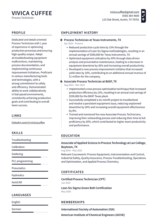 Tesla Process Technician Resume Example