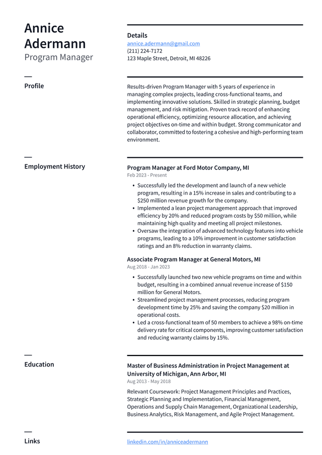 Tesla Program Manager Resume Example