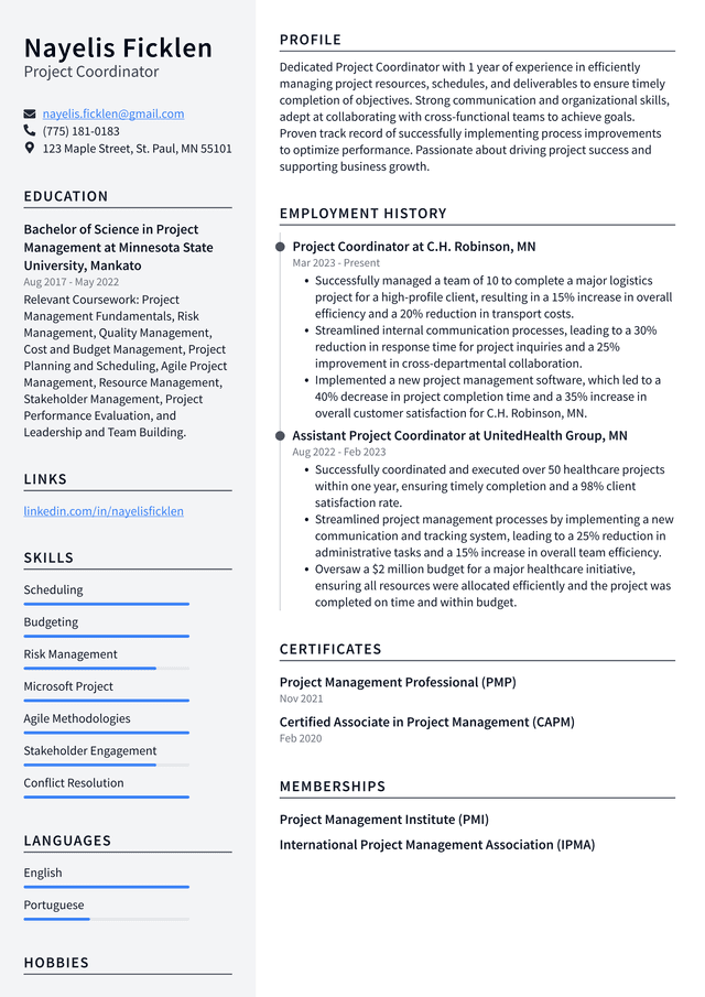 Tesla Project Coordinator Resume Example