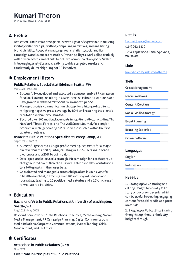 Tesla Public Relations Specialist Resume Example