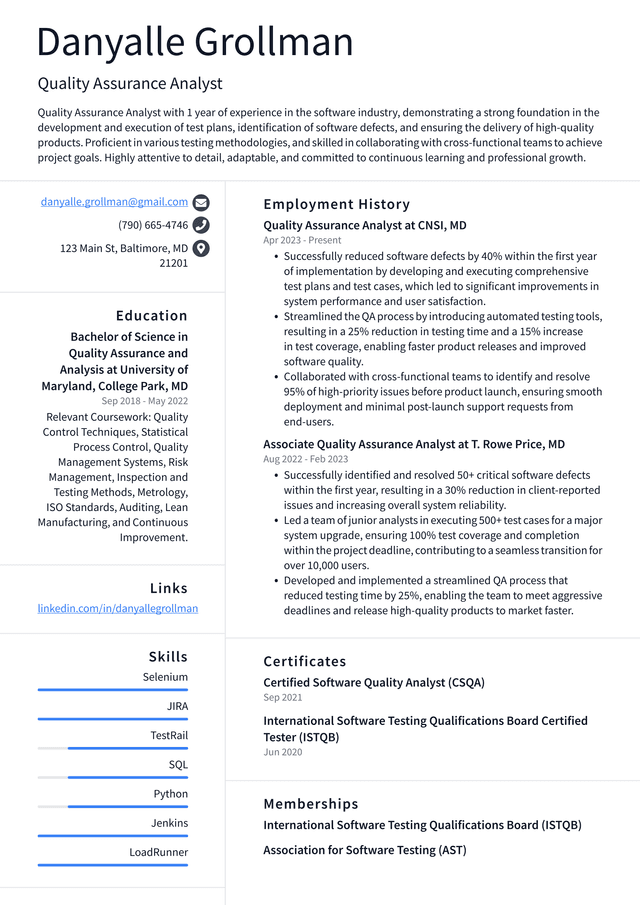 Tesla Quality Assurance Analyst Resume Example