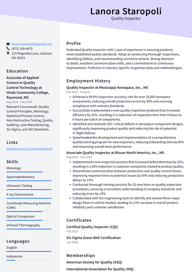 Tesla Quality Inspector Resume Example