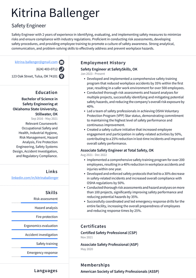 Tesla Safety Engineer Resume Example