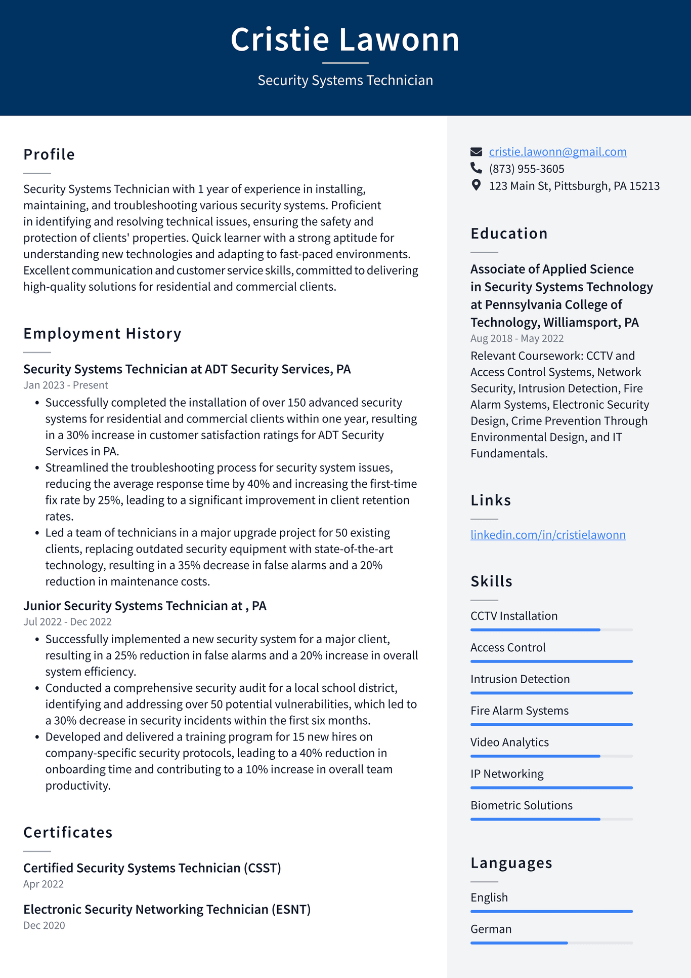 Tesla Security Systems Technician Resume Examples