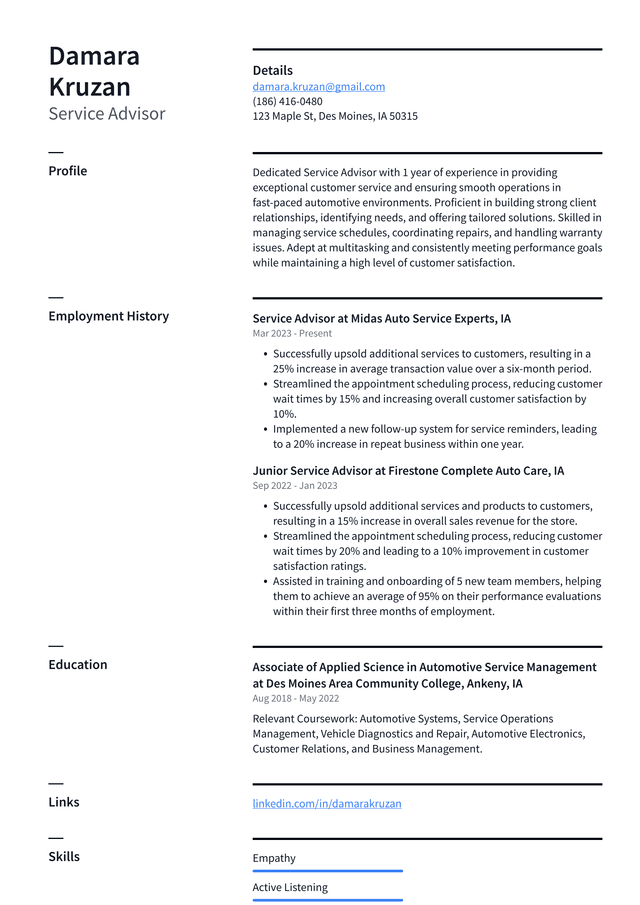 Tesla Service Advisor Resume Example