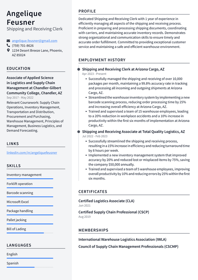 Tesla Shipping and Receiving Clerk Resume Example