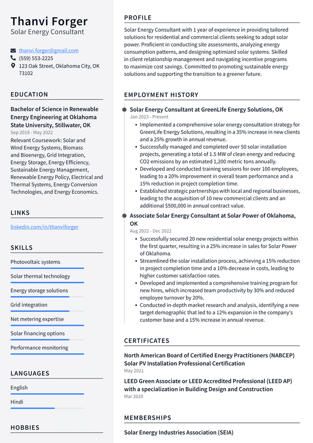 Tesla Solar Energy Consultant Resume Example