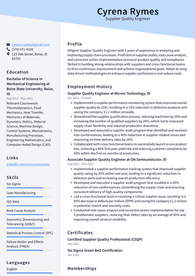 Tesla Supplier Quality Engineer Resume Examples ResumeCat