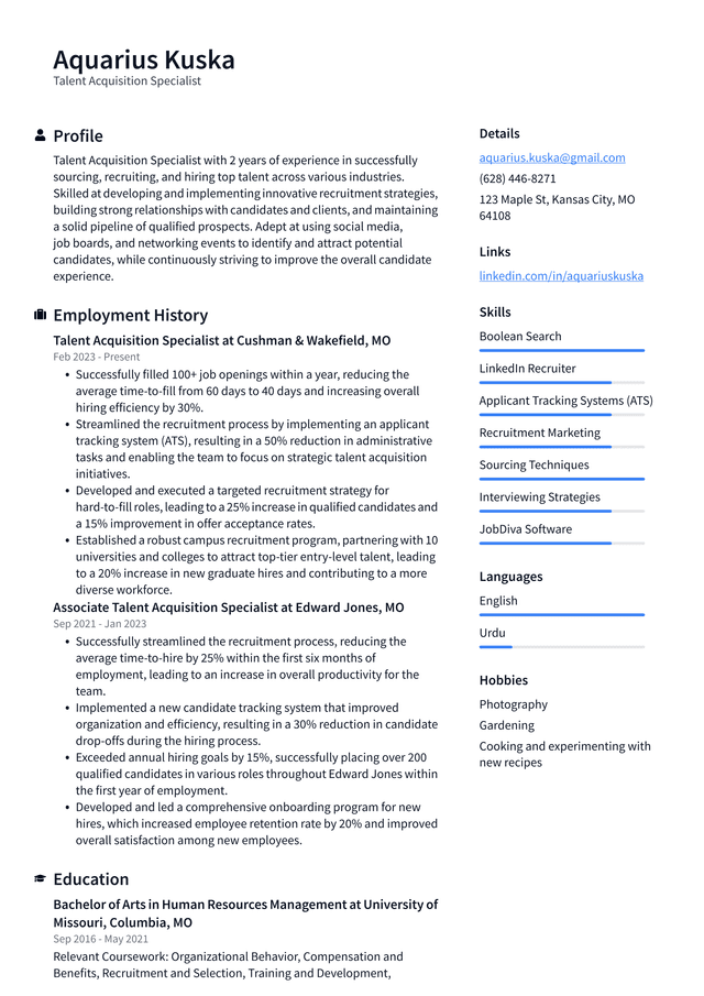 Tesla Talent Acquisition Specialist Resume Example