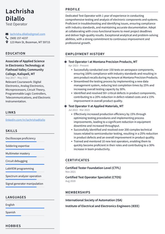 Tesla Test Operator Resume Example