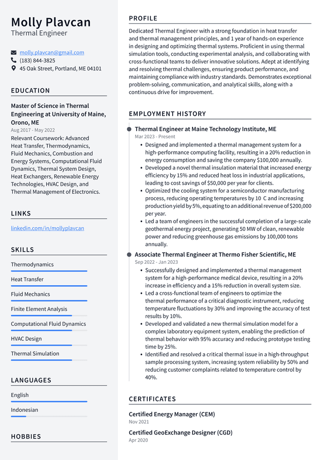 Tesla Thermal Engineer Resume Example