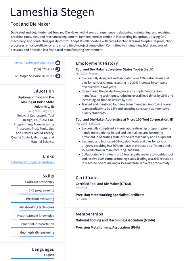 Tesla Tool and Die Maker Resume Example